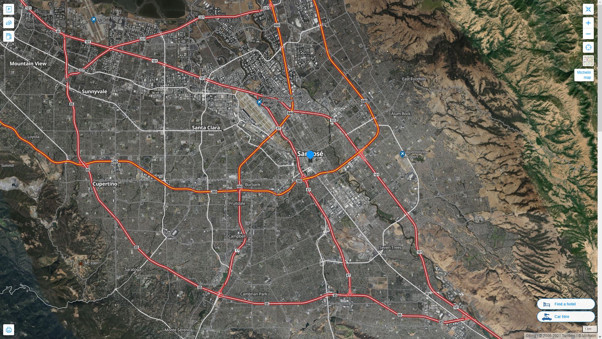 San Jose California Highway and Road Map with Satellite View